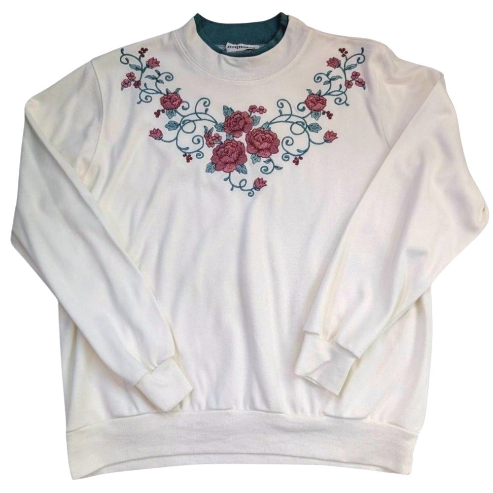 BonWorth Vintage Floral‎ Embroidered Mockneck Sweater Petite Womens XS Cream